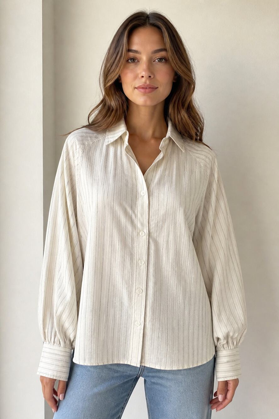 Max Studio London Button Down Shirt Medium Ivory Striped
